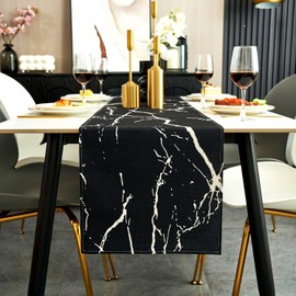 Jayusaror Table Runner Modern Autumn Black and White Linen Marble Golden Texture Abstract Art Washable Table Runner for Coffee Dining Room Dresser Side Table Bedroom 40 x 140 cm