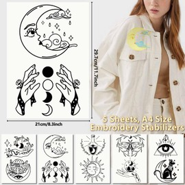 CRASPIRE 5 Sheets Tarot Card Water Soluble Embroidery Stabilizers Hand Sewing Stick and Stitch Moon Magic Transfers Paper Wash Away Pre-Printed Self Adhesive Patterns for Cloth Sewing Lovers Beginner