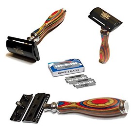 Rainbow Wooden Texture and Stainless Steel Classic Safety Razor With Free Blades - Holds Straight Edge/Double Edge Blades