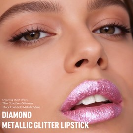 Wugbc Nude Pink Metallic Glitter Lipstick for Women, High Shine Diamond Shimmer Creamy Lipstick, Long Lasting Non-Sticky Hydrating Lip Tint Makeup Full-Coverage Lightweight without Drying or Fading