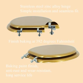 BLOFDE Round Toilet Seat Wood Toilet Seat Prevent Shifting with Zinc Alloy Hinges American Standard Size Toilet Seat Easy to Install also Easy to Clean(Round,Sparkling Classical Gold)