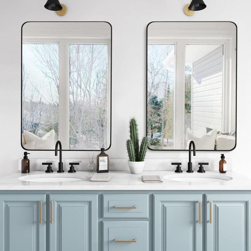 DUQIMO 24x36 Inch Black Framed Mirror for Bathroom, Rounded Rectangle