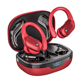 HAOYUYAN Wireless Earbuds, 80-Hour Playtime Bluetooth 5.3 Sport Headphones, IPX7 Waterproof Earphones with LED Display, Advanced Noise Reduction, Secure Fit for Gym/Running - Red