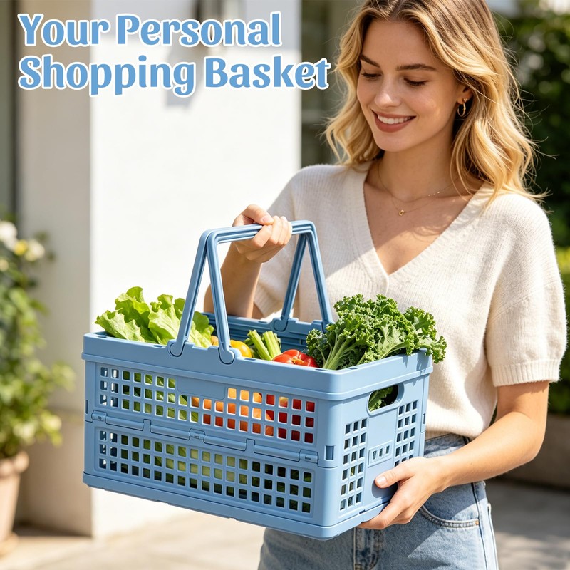 Carperipher Plastic Storage Basket,15L Collapsible Milk Crate with Handle,Foldable Shopping