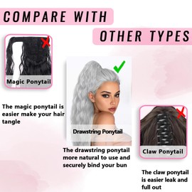 Grey Drawstring Ponytail Extension Pony Tails Hair Extensions 26 Inch Synthetic Gray Long Curly Wavy Ponytail Hairpiece for Women Girls, Grey