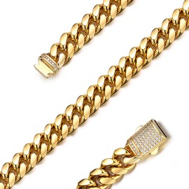 JovJewelry Mens Heavy Miami Cuban Link Chain Necklace Stainless Steel 18K Gold Plated Hip Hop Jewelry For Men Women Wide 6mm/10mm/14mm with Bling CZ Diamond buckle Necklace or Bracelet (16inch,14mm)