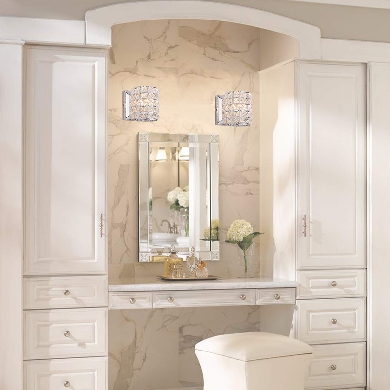 LOCLGPM Modern Chrome Crystal Wall Sconces, Elegant Bathroom Vanity Wall