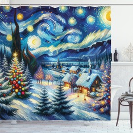 ABAKUHAUS Christmas Shower Curtain, Snow Christmas with Trees, Fabric Fabric Bathroom Decoration Set with Hooks, 175 x 200 cm, Blue Green Mustard