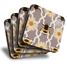 Destination Vinyl ltd Great Coasters (Set of 4) Square - Art Deco Bumble Bee Flower Drink Glossy Coasters/Tabletop Protection for Any Table Type #2139