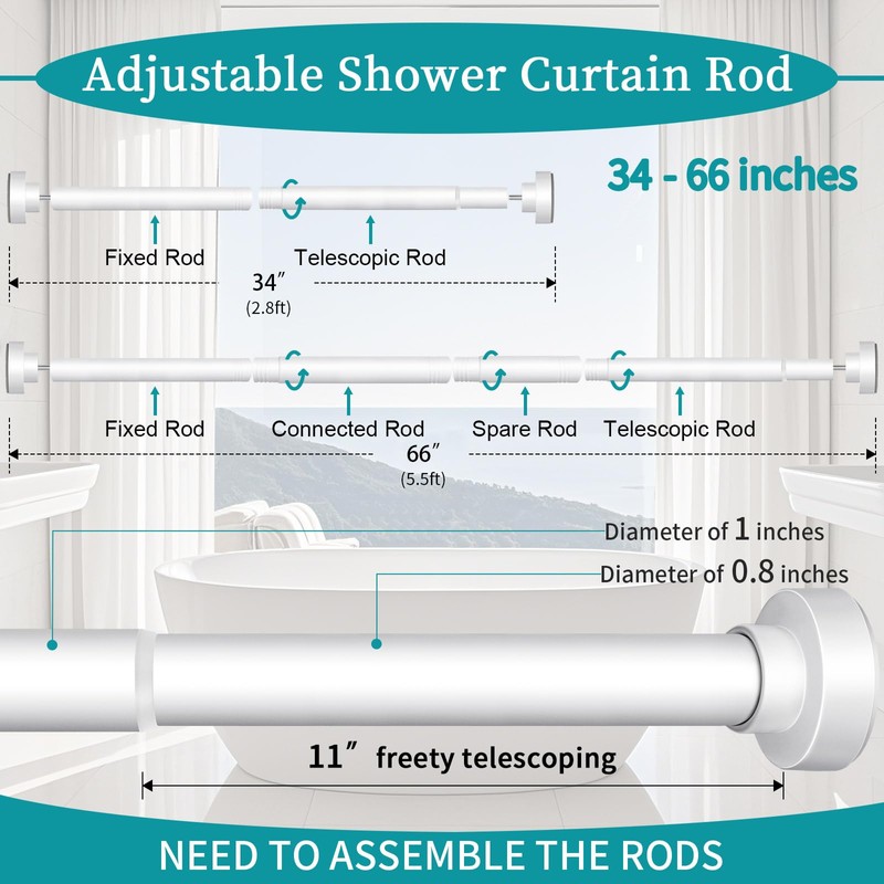 YNL Tension Curtain Rod 34-66 inches-Never Rust, Non-Slip, No Drill
