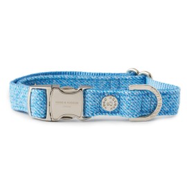 HUGO & HUDSON Tweed Dog Collar, Luxury Adjustable Quick Release Safety Metal Buckle, Blue, L