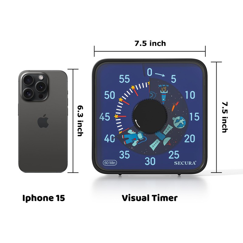 Secura 7.5-Inch Astronaut Pattern Visual Timer for Kids, 60-Minute Countdown