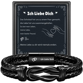 TERRISHE Men's Bracelet Engraved "Ich Liebe Dich" Black Leather Bracelet Gift for My Husband Lover Christmas Gifts Birthday Gift for My Husband, Stainless Steel, No Gemstone