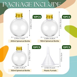 Baderke 30 Pcs Spherical Plastic Potion Bottles for Kids 3, 5, 6 oz Ball Shape Round Sand Art Bottles 10 Pcs Funnels for Wedding Cocktail Ornament Decorative Candy Jar DIY Crafts(Gold,Aluminum)