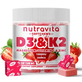 Sugar-Free Vitamin D3 K2 Chews with Calcium + K2 (MK-7), Magnesium Citrate, Vitamin C, Extra Strength - Ultimate Absorption for Bone Muscle Teeth Immune,Vegan - 60 Count-Strawberry Flavor.