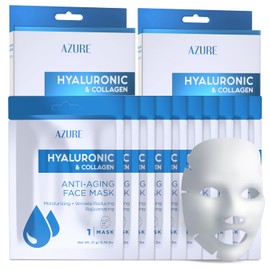 AZURE Hyaluronic Acid & Collagen Anti Aging Sheet Facial Mask - Rejuvenating & Moisturizing Face Mask - Helps Reduce Fine Lines & Wrinkles, Tightens & Smooths - Skin Care Made in Korea - 10 Pack