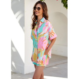 KIDDAD Women's 2024 Trendy Vacation Outfits Boho Print 2 Piece Sets Floral V Neck Shirt and Shorts Set