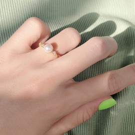 SWJEWEL 925 Sterling Silver Pearl Ring Gold Plated Hollow Design Adjustable Size with CZ Diamond 6mm Faux Freshwater Pearl Ring Single Pearl Fashion Open Ring for Women Ladies Bridal 5/6/7/8/9/10