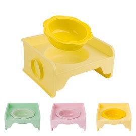 Cat Bowls Elevated Whisker Friendly, Cat Food Bowls for Indoor Cats, Ceramic Shallow Cat Food Dishes, Non-Slip Raised Edge Plastic Feeding Bowl Stand, Catch Water, Food Mess, No Spill (Yellow)
