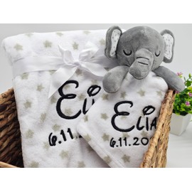 KIDDI-MEDIA Baby Blanket Including Comforter with Name and Date of Birth Embroidered/Cuddly Soft / 1A Quality (Grey Elephant Stars)
