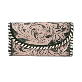 Merbaa Handtooled Leather Detail Trifold wallet for Women-Multi Credit Card Slots, Leather Laced Detail wallet, Wristlet Clutch Wallet valentines day gifts