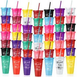 Nuenen 50 Pcs Employee Appreciation Tumbler with Straw and Lid Bulk 24oz Thank You Cup Graduation Gift Water Bottle Plastic Tumbler Inspirational Travel Mugs for Coworker Friend(Stylish Style)