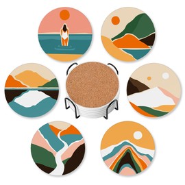 Boho Sunset Sunrise Mountain Set of 6 Coasters for Drinks Absorbing Round Ceramic Stone Coaster with Cork Base,Tabletop Protection Mat for Mugs and Cups,Office,Kitchen