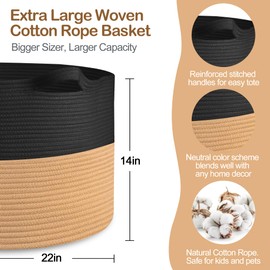 MEGASKET Extra Large Storage Basket, 22" X 14" Blanket Storage for Living Room, Decorative Kids Dog Toy Bin Box, Big Woven Cotton Rope Baskets for Organizing, Farmhouse Blanket Pillow Holder Organizer