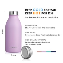Autsel Stainless Steel Water Bottle 350ml Double Walled Vacuum Insulated Metal Water Bottle Leakproof Sports Flask Bottle BPA Free