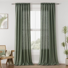 Guken Olive Green Linen Curtains 96 Inch Length for Living Room Bedroom 2 Panels Set Rod Pocket Light Filtering Semi Sheer Window Curtains 52 Inch Width Boho Farmhouse Linen Drapes, W52xL96