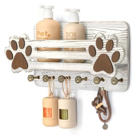 MTERSN Farmhouse Dog Leash Holder for Wall - Cute Dog Accessories Storage Organizer with Floating Shelf and 6 Key Hooks – Key Holder Wall Mount for Rustic Home Decor (White)