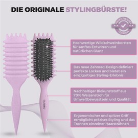 FABIHA® Curling Brush - Curly Hair Brush - Organic Hair Brush without Pulling with Boar Bristles - The 3-in-1 Styling Brush with Unique Gear Design for Trendy Curls Hairstyles (Lilac)