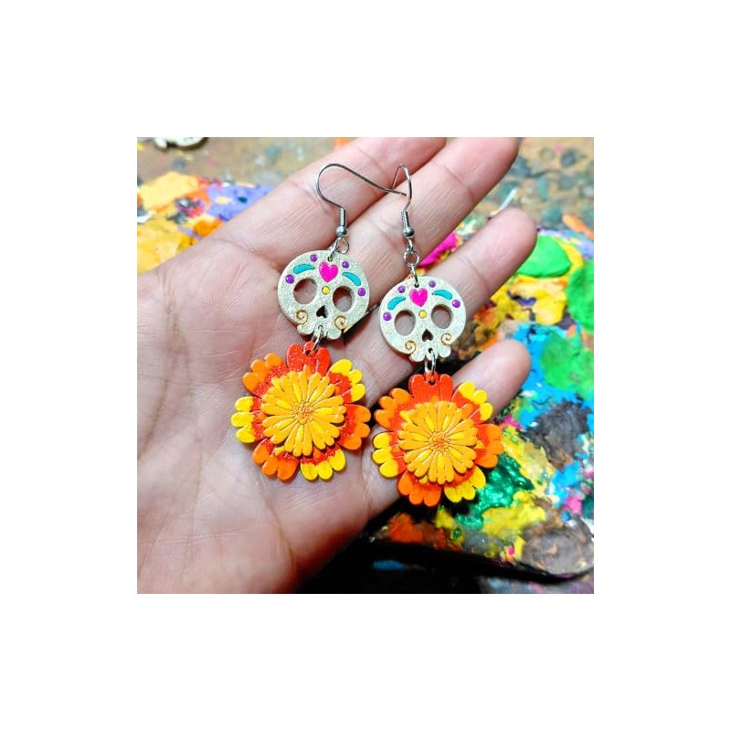 Aretes de Calavera de Dulce y Cempasuchil de Madera Pintado