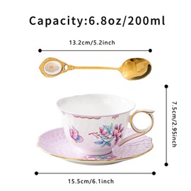 PANAOAHU Tea Cup and Saucer Set, Floral Butterfly Vintage Tea Cup with Gold Trim, Bone China Teacup with Saucer and Spoon, Porcelain Coffee Cup Set for Women and Tea Party, 6.8 oz