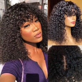 Short Curly Wig Human Hair Wigs with Bangs 2x1 Curly Lace Front Wigs Human Hair Glueless Wig Curly Wigs for Black Women Short Bob Wig Human Hair 150% Density 10 Inch