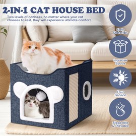 Cat Beds for Indoor Cats, Large Cat House Foldable Cat Cave with Scratch Pad and Hanging Fluffy Ball, Reversible Cushion Hideaway for Pet Cats, 16.5x16.5x13.2 inches, Dark Blue