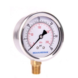 MEASUREMAN 2-1/2inch Dial Size, Oil Filled Pressure Gauge, 0-30psi/kpa, 304 Stainless Steel Case, 1/4 inchNPT Lower Mount