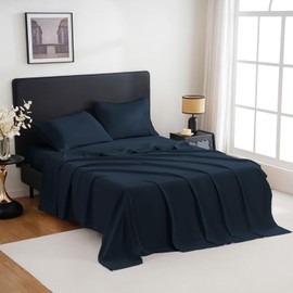 MCO Breathable Bed Sheets Set - Rayon Derived from Bamboo Sheets - Cool Bedding Set with 16" Deep Pocket (4 Pcs, Queen, Navy Blue)