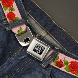 Buckle-Down Seatbelt Belt - Rose Trio/Leaves Pink - 1.5" Wide - 24-38 Inches in Length