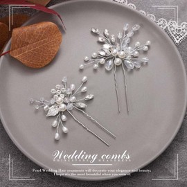 Heread Pearl Bride - Horquillas para el cabello de novia de cristal plateado, accesorios para el cabello de novia con diamantes de imitación para mujeres y niñas (paquete de 2)