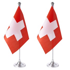 ZXvZYT 2 Pack Switzerland flag Swiss Table Flag Small Mini Swiss Desk Flags With Stand Base,International Festival Events Celebration Decorate,Home office Decorations