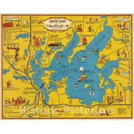 Historic Map - Cartomap Leech Lake Minnesota Showing Leech Lake and Vicinity with Roads to Resorts and Historical Data Pertinent to The Lake, 1940 - Vintage Wall Art 44in x 35in