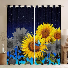 Yellow Sunflower Window Curtains for Bedroom Living Room Decor Blossom Flowers Curtains Blue Butterfly Floral Window Drapes for Kids Adults Galaxy Nature Theme Window Treatments, 42x63 Inches,2 Panels