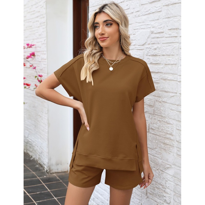 Rapbin Women's Short Pyjamas Cotton Plain Crew Neck Pyjamas Set