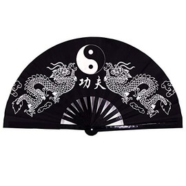 Amajiji Large Rave Folding Hand Fan for Men/Women, Chinese Japanese Kung Fu Tai Chi Handheld Fan Performance Fan Festival Gift Fan Craft Fan Folding Fan Dance Fan (Black Dragon)