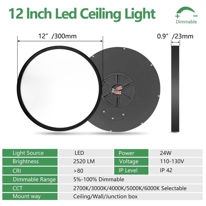 6PK 12 Inch Dimmable LED Flush Mount Ceiling Light,24W, 2520LM,