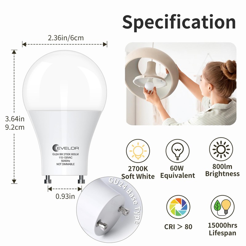 evelor GU24 LED Light Bulb,60 Watt Equivalent Soft White 2700K,Non-Dimmable,Efficient