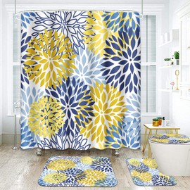 ArtSocket Spring Floral Bathroom Set with Shower Curtain and Rugs and Accessories, Blue Yellow Navy Flower Abstract Grey Plant Leaf Flowers Shower Curtain for Bathroom Decor 4 Pcs