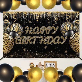 Happy Birthday Backdrop Black and Gold Glitter Leopard Print Balloons Background Gold Leopard Adults Women Birthday Party Banner Decorations