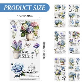 HICOHAND Rub On Stickers, 6 Sheets Vintage Flower Stickers for Wood DIY Home Office Decoration Blue Floral